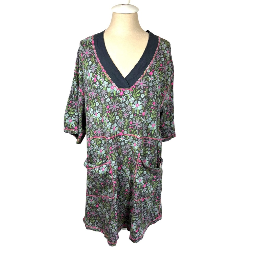 Natural Life Womens Sz M Floral V-Neck Tunic Dress Cotton Pockets Gray Pink Boho